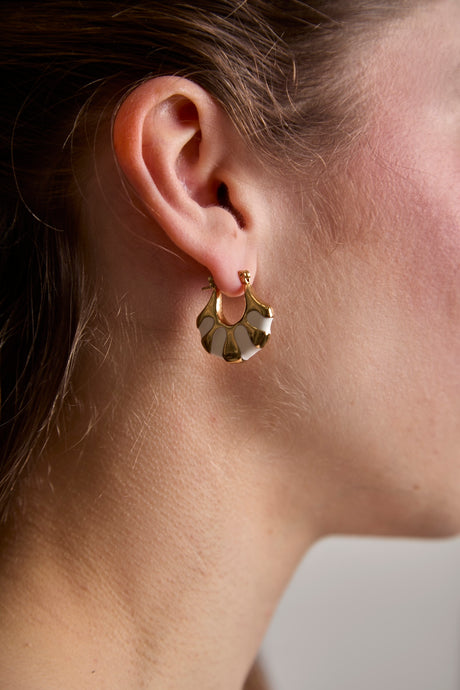 Golden Shell Mini Hoops – White Enamel