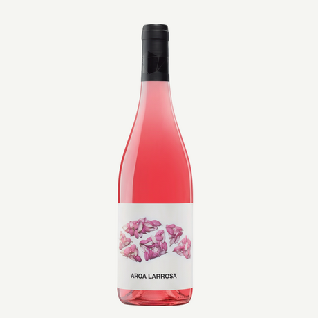 Vino rosado ecológico Aroa Larrosa 2023 75 cl, fresco y ligero, con aromas a fresa, frambuesa y flor blanca. Ideal para aperitivos, ensaladas o solo.