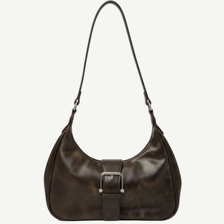 Bolso Buckle Vintage Café en PU premium con acabado envejecido y hebilla frontal. Ligero, retro y elegante, ideal para uso diario y looks urbanos.
