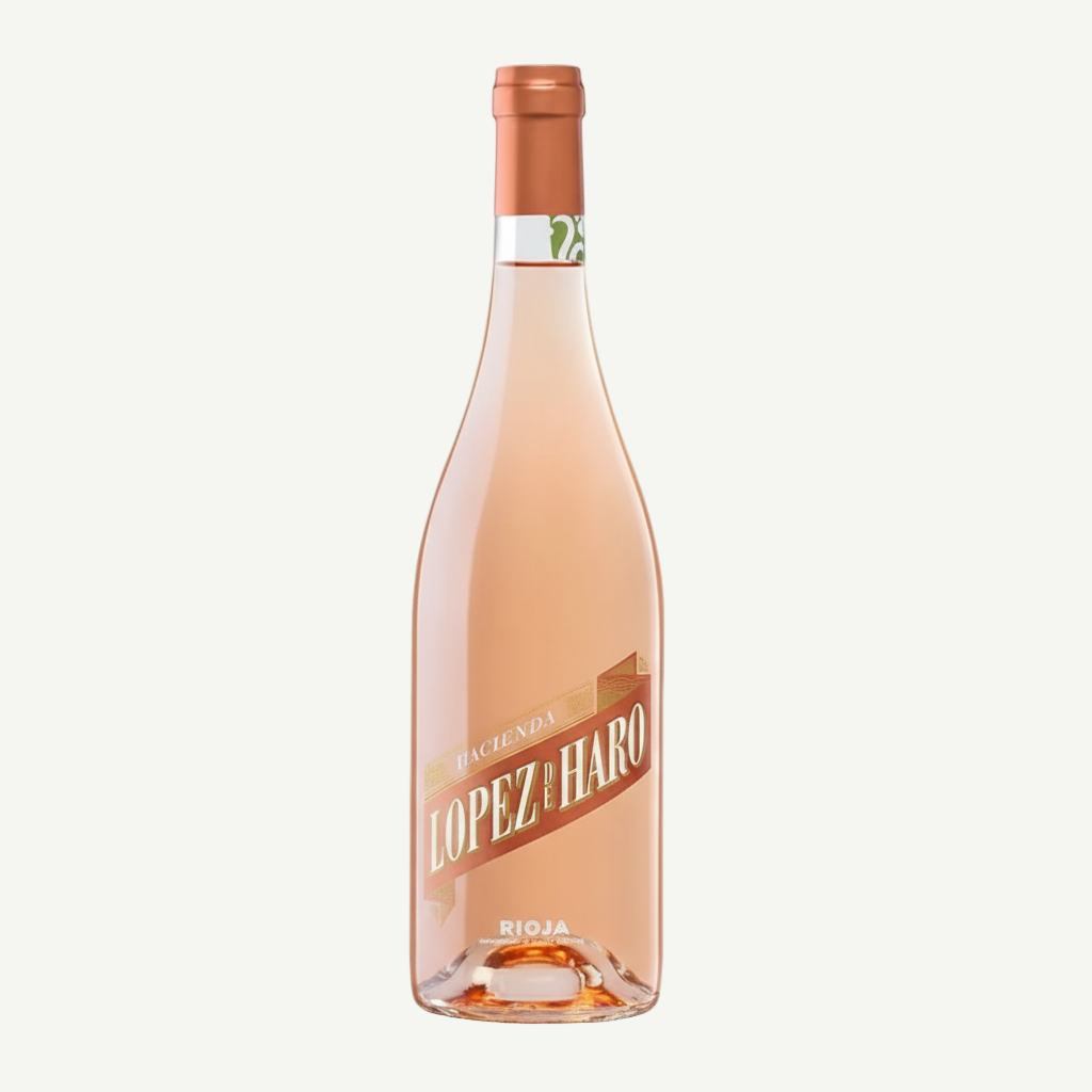Vino rosado Hacienda López de Haro Rosé 2024 Rioja, elegante y refrescante, con aromas a fruta roja. Ideal para tapas, quesos ligeros o disfrutar frío.