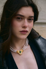 Double Freshwater Pearl Necklace 5–6 mm · Gold Clasp &amp; Green Cubic Zirconia