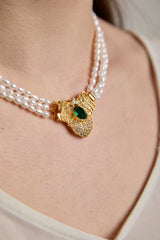 Double Freshwater Pearl Necklace 5–6 mm · Gold Clasp &amp; Green Cubic Zirconia