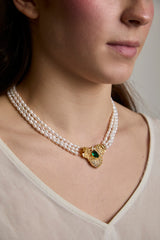 Double Freshwater Pearl Necklace 5–6 mm · Gold Clasp &amp; Green Cubic Zirconia